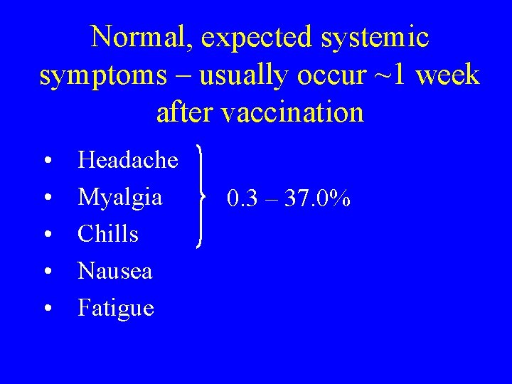 Normal, expected systemic symptoms – usually occur ~1 week after vaccination • • •