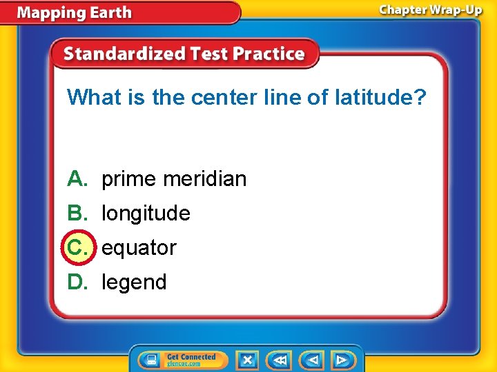 What is the center line of latitude? A. prime meridian B. longitude C. equator