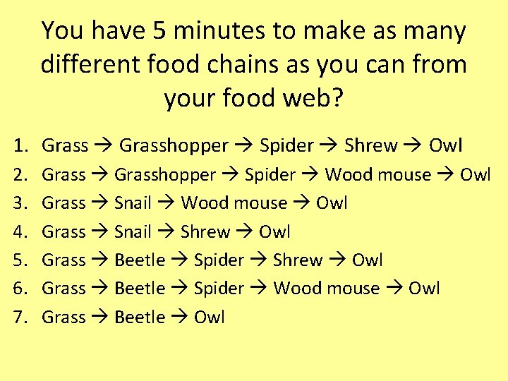 You have 5 minutes to make as many different food chains as you can