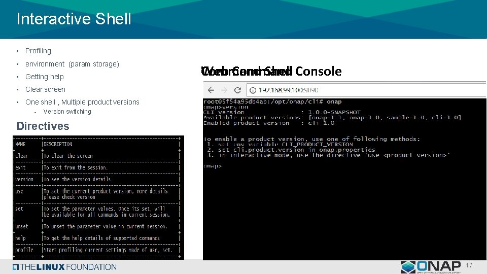 Interactive Shell • Profiling • environment (param storage) • Getting help Web Command Shell