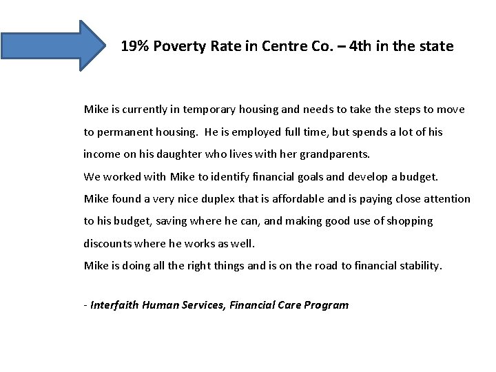 19% Poverty Rate in Centre Co. – 4 th in the state Mike is