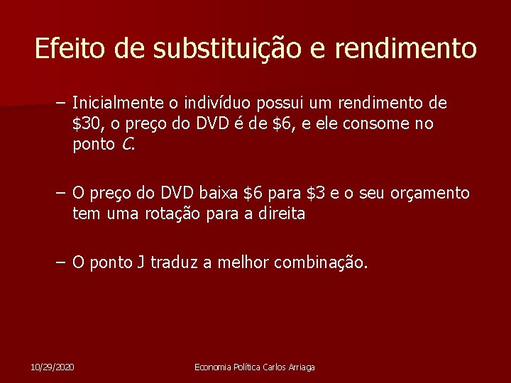 Efeito de substituição e rendimento – Inicialmente o indivíduo possui um rendimento de $30,