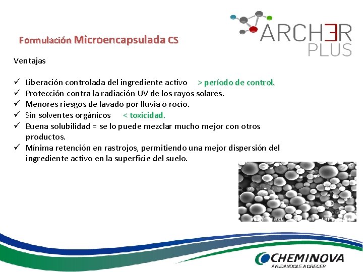 Formulación Microencapsulada CS Ventajas Liberación controlada del ingrediente activo > período de control. Protección