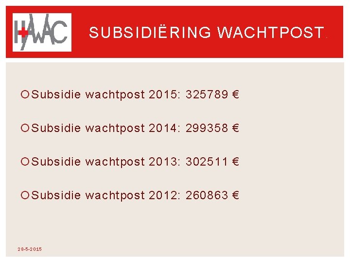 SUBSIDIËRING WACHTPOST. Subsidie wachtpost 2015: 325789 € Subsidie wachtpost 2014: 299358 € Subsidie wachtpost SUBSIDIËRING WACHTPOST. Subsidie wachtpost 2015: 325789 € Subsidie wachtpost 2014: 299358 € Subsidie wachtpost