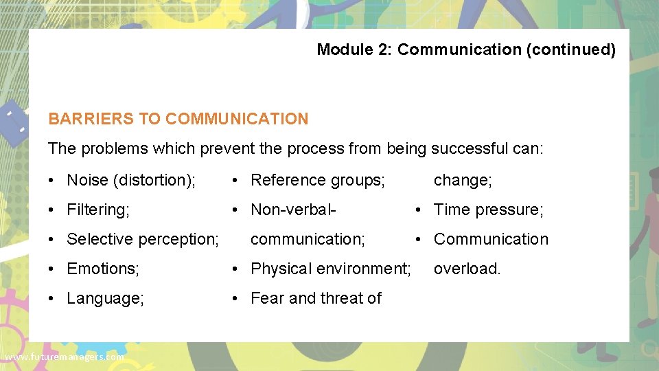 Module 2: Communication (continued) BARRIERS TO COMMUNICATION The problems which prevent the process from