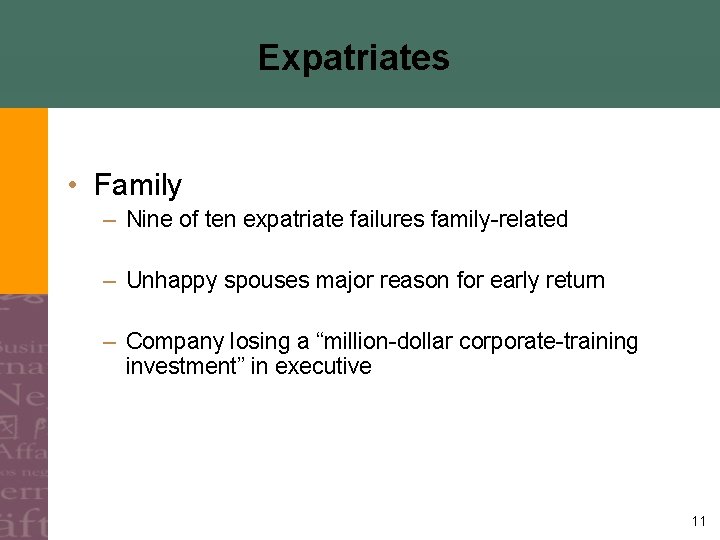 Expatriates • Family – Nine of ten expatriate failures family-related – Unhappy spouses major