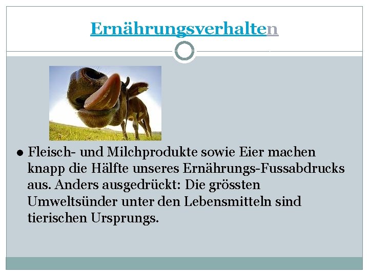 Ernährungsverhalten ● Fleisch- und Milchprodukte sowie Eier machen knapp die Hälfte unseres Ernährungs-Fussabdrucks aus.