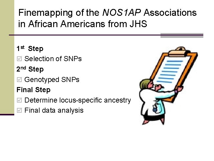 Finemapping of the NOS 1 AP Associations in African Americans from JHS 1 st