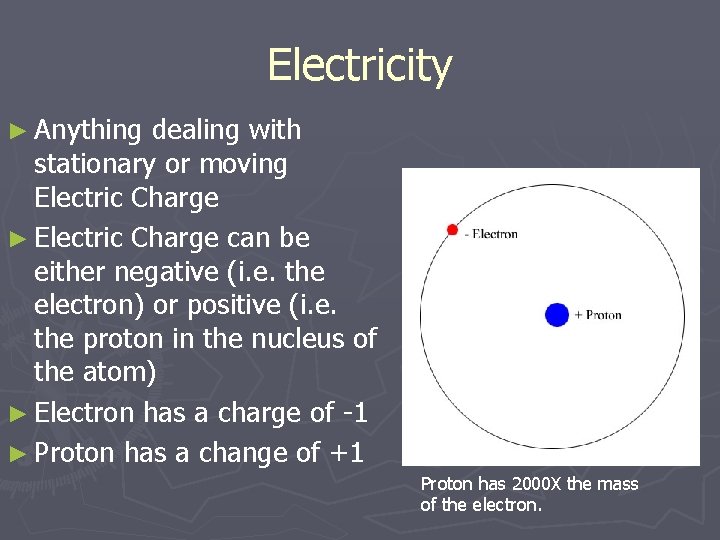 Electricity ► Anything dealing with stationary or moving Electric Charge ► Electric Charge can