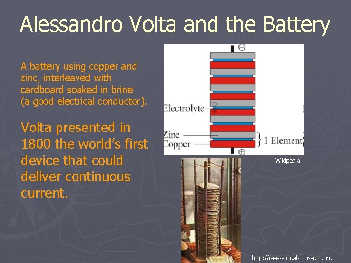 Alessandro Volta and the Battery A battery using copper and zinc, interleaved with cardboard