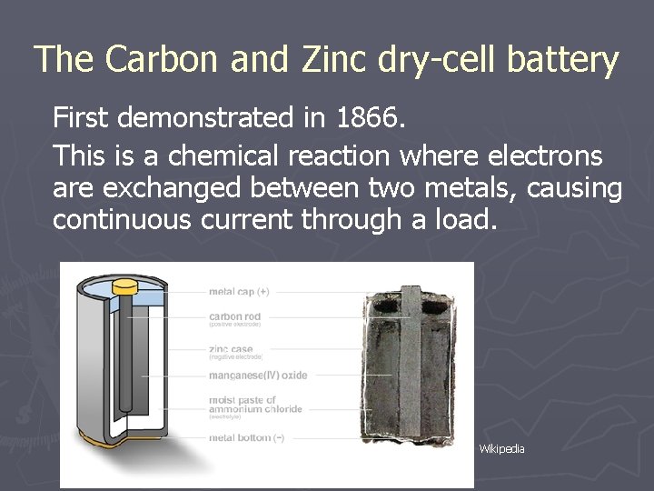 The Carbon and Zinc dry-cell battery First demonstrated in 1866. This is a chemical