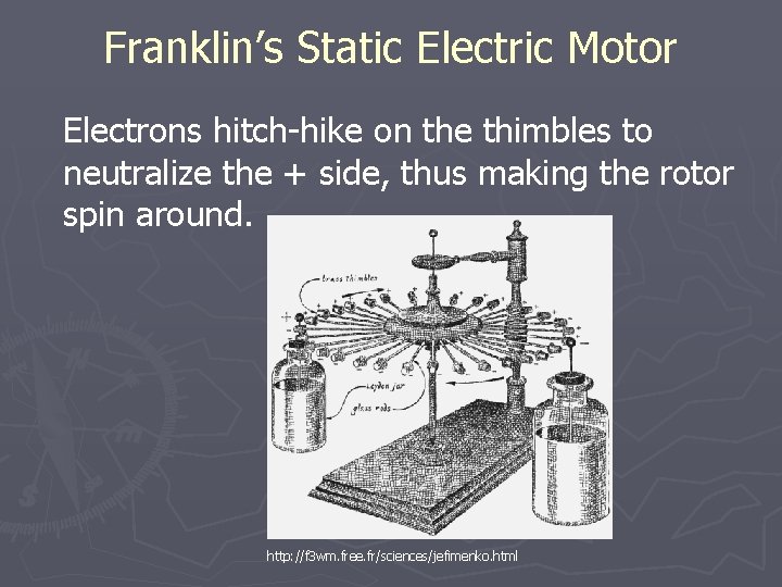 Franklin’s Static Electric Motor Electrons hitch-hike on the thimbles to neutralize the + side,