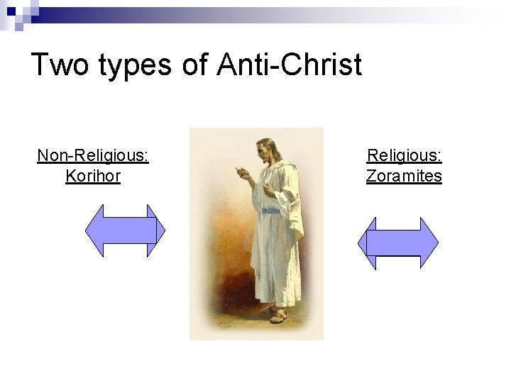 Two types of Anti-Christ Non-Religious: Korihor Religious: Zoramites Two types of Anti-Christ Non-Religious: Korihor Religious: Zoramites
