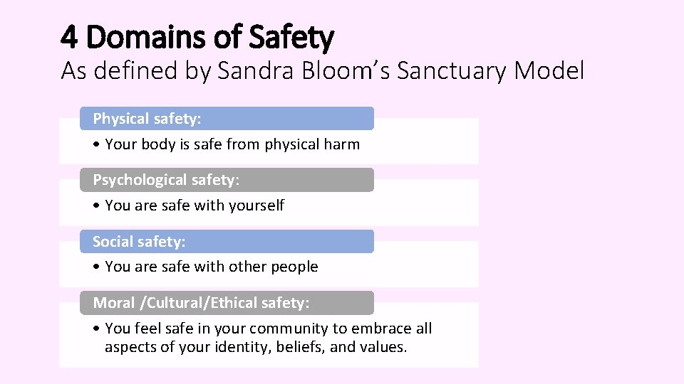 4 Domains of Safety As defined by Sandra Bloom’s Sanctuary Model Physical safety: •