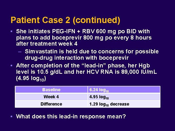 Patient Case 2 (continued) • She initiates PEG-IFN + RBV 600 mg po BID Patient Case 2 (continued) • She initiates PEG-IFN + RBV 600 mg po BID