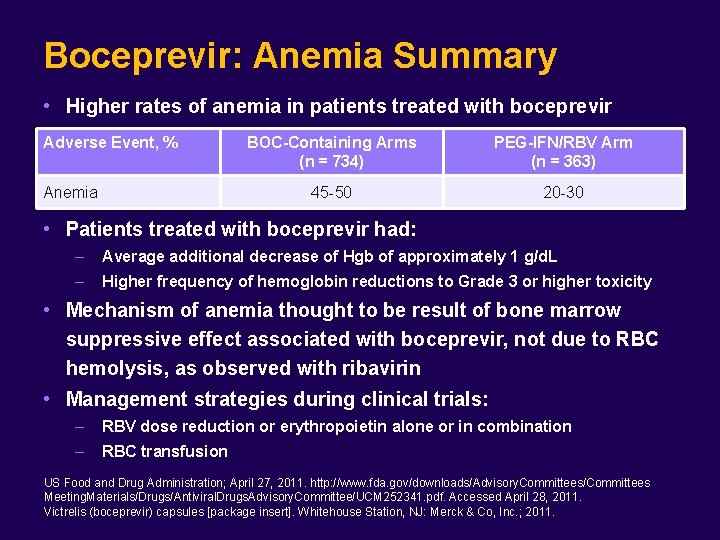 Boceprevir: Anemia Summary • Higher rates of anemia in patients treated with boceprevir Adverse Boceprevir: Anemia Summary • Higher rates of anemia in patients treated with boceprevir Adverse