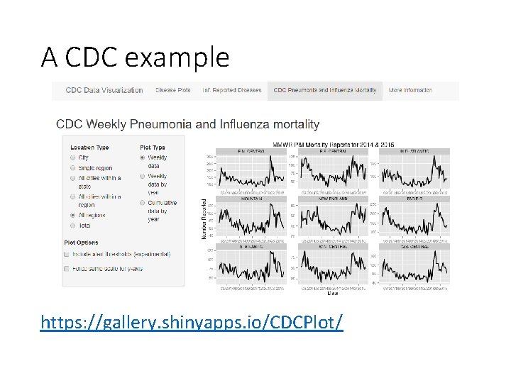 A CDC example https: //gallery. shinyapps. io/CDCPlot/ 