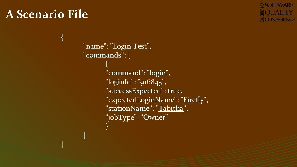 { } "name": ”Login Test", "commands": [ { "command": "login", "login. Id": "916845", "success.