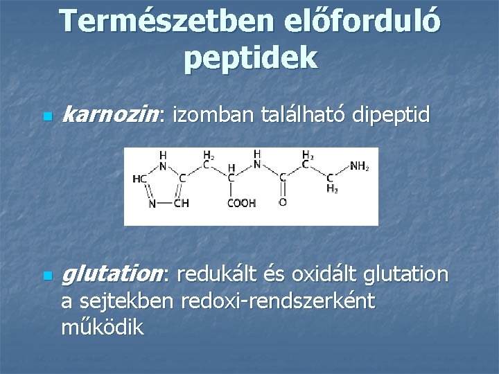 Természetben előforduló peptidek n karnozin: izomban található dipeptid n glutation: redukált és oxidált glutation