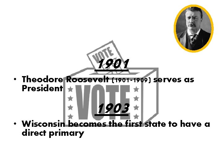 1901 • Theodore Roosevelt (1901 -1909) serves as President 1903 • Wisconsin becomes the