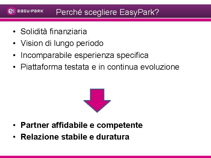 Perché scegliere Easy. Park? • • Solidità finanziaria Vision di lungo periodo Incomparabile esperienza