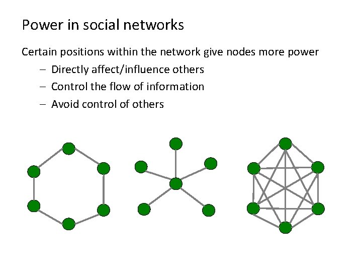 Power in social networks Certain positions within the network give nodes more power –