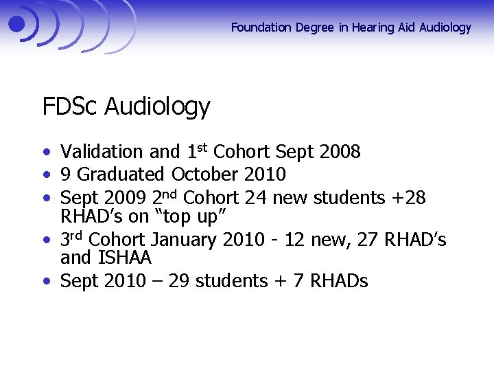 Foundation Degree in Hearing Aid Audiology FDSc Audiology • Validation and 1 st Cohort