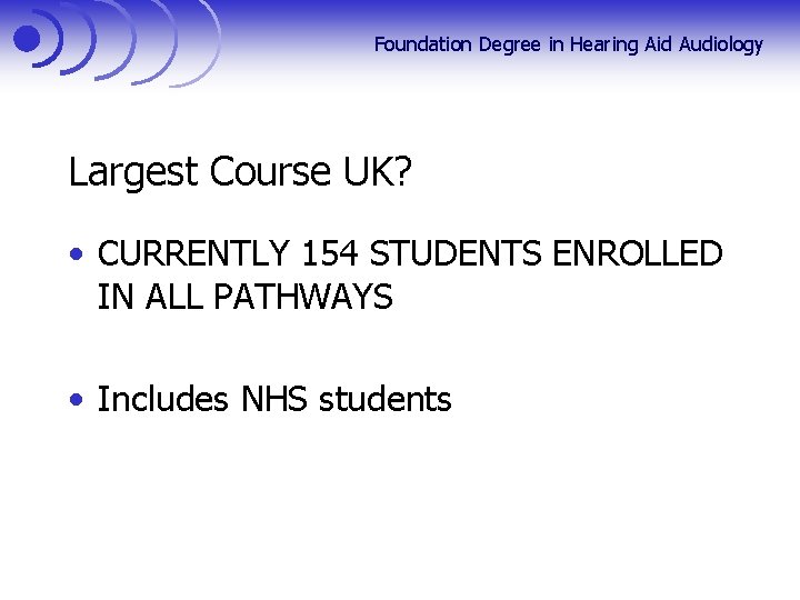 Foundation Degree in Hearing Aid Audiology Largest Course UK? • CURRENTLY 154 STUDENTS ENROLLED