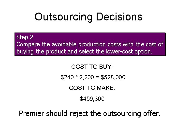 Outsourcing Decisions Step 2 Compare the avoidable production costs with the cost of buying
