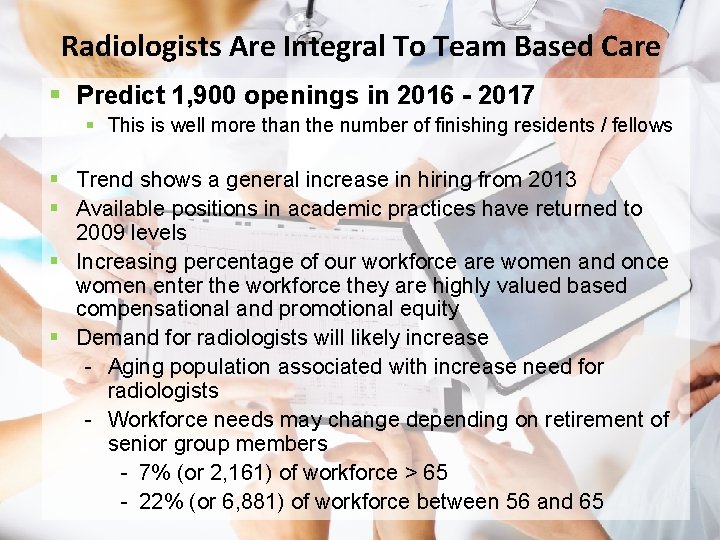 Radiologists Are Integral To Team Based Care § Predict 1, 900 openings in 2016