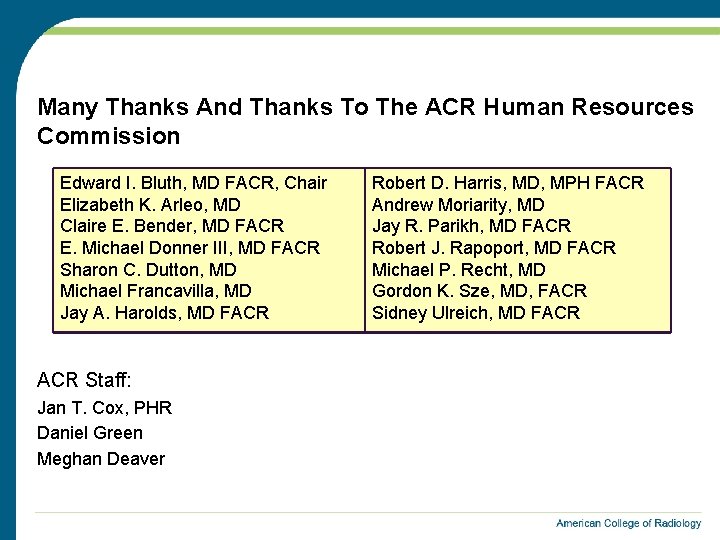 Many Thanks And Thanks To The ACR Human Resources Commission Edward I. Bluth, MD