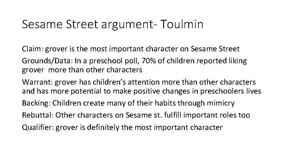 Sesame Street argument- Toulmin Claim: grover is the most important character on Sesame Street