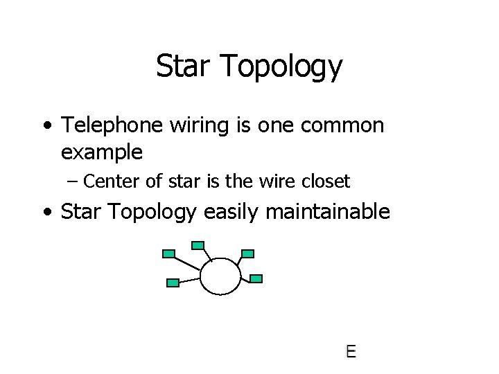 Star Topology • Telephone wiring is one common example – Center of star is