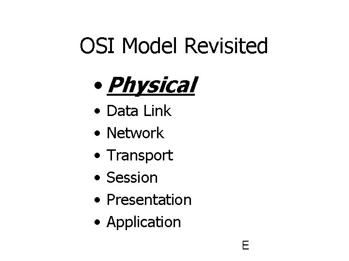 OSI Model Revisited • Physical • • • Data Link Network Transport Session Presentation