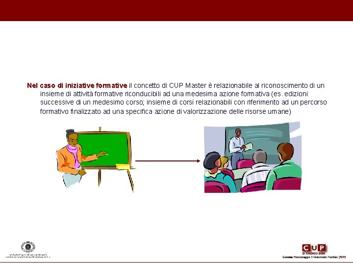 Nel caso di iniziative formative il concetto di CUP Master è relazionabile al riconoscimento Nel caso di iniziative formative il concetto di CUP Master è relazionabile al riconoscimento