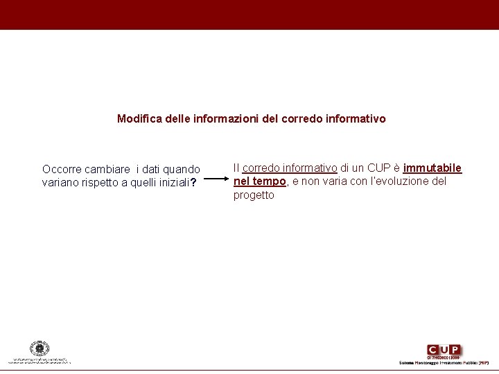 Modifica delle informazioni del corredo informativo Occorre cambiare i dati quando variano rispetto a Modifica delle informazioni del corredo informativo Occorre cambiare i dati quando variano rispetto a