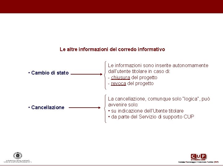 Le altre informazioni del corredo informativo • Cambio di stato Le informazioni sono inserite Le altre informazioni del corredo informativo • Cambio di stato Le informazioni sono inserite