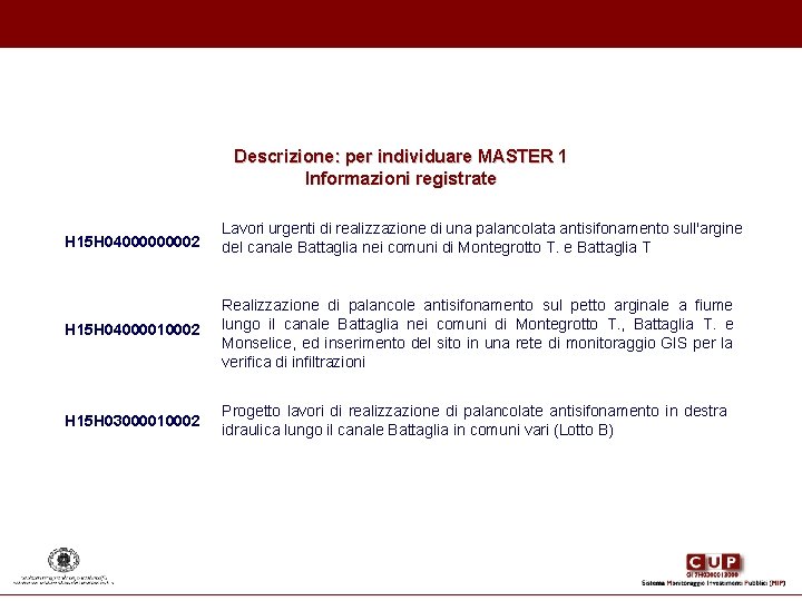 Descrizione: per individuare MASTER 1 Informazioni registrate H 15 H 0400002 Lavori urgenti di Descrizione: per individuare MASTER 1 Informazioni registrate H 15 H 0400002 Lavori urgenti di