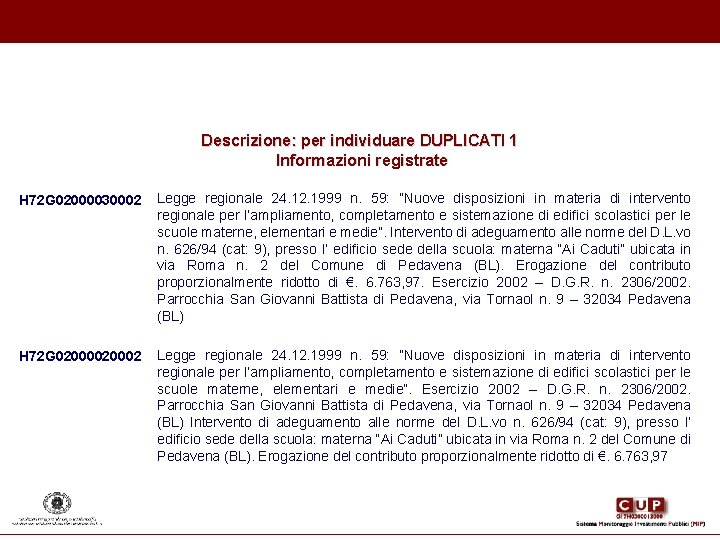 Descrizione: per individuare DUPLICATI 1 Informazioni registrate H 72 G 02000030002 Legge regionale 24. Descrizione: per individuare DUPLICATI 1 Informazioni registrate H 72 G 02000030002 Legge regionale 24.