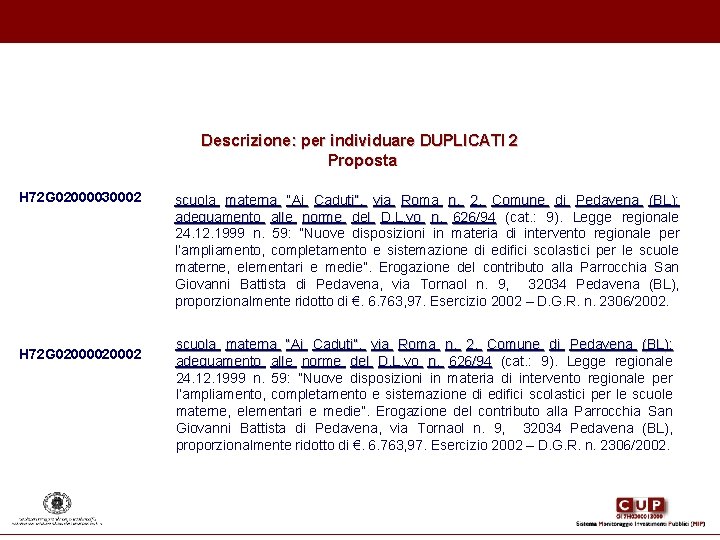 Descrizione: per individuare DUPLICATI 2 Proposta H 72 G 02000030002 H 72 G 020002 Descrizione: per individuare DUPLICATI 2 Proposta H 72 G 02000030002 H 72 G 020002