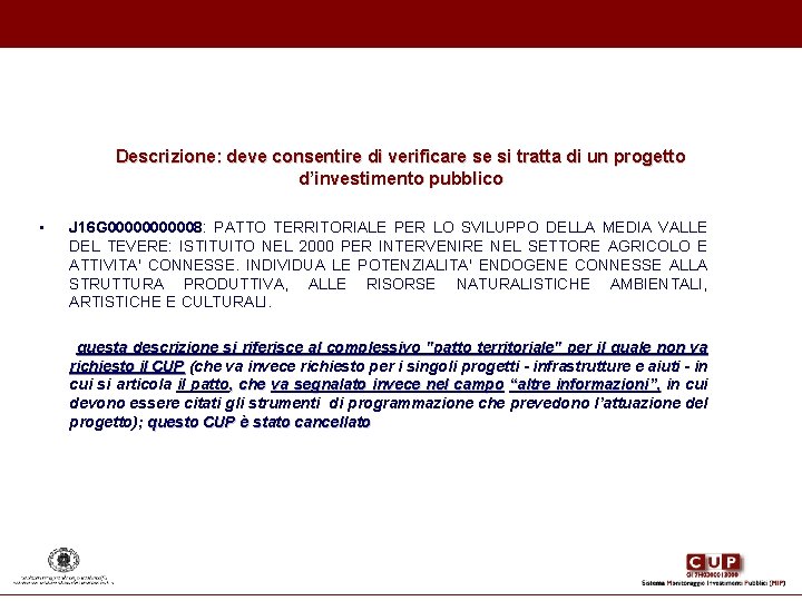 Descrizione: deve consentire di verificare se si tratta di un progetto d’investimento pubblico • Descrizione: deve consentire di verificare se si tratta di un progetto d’investimento pubblico •