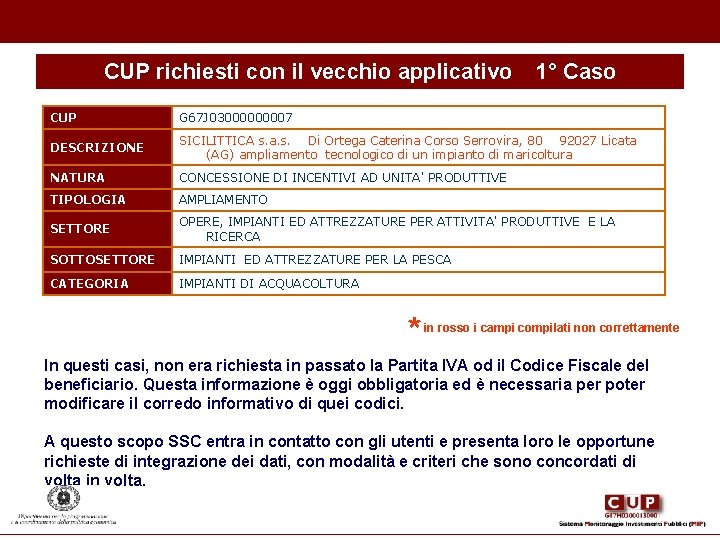 CUP richiesti con il vecchio applicativo 1° Caso CUP G 67 J 0300007 DESCRIZIONE CUP richiesti con il vecchio applicativo 1° Caso CUP G 67 J 0300007 DESCRIZIONE