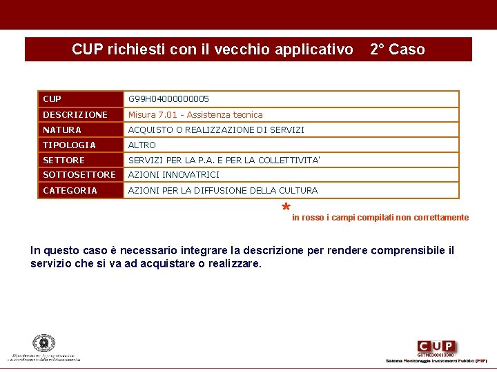 CUP richiesti con il vecchio applicativo CUP G 99 H 0400005 DESCRIZIONE Misura 7. CUP richiesti con il vecchio applicativo CUP G 99 H 0400005 DESCRIZIONE Misura 7.