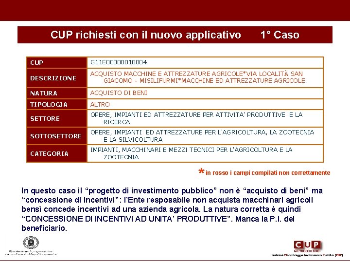 CUP richiesti con il nuovo applicativo 1° Caso CUP G 11 E 00000010004 DESCRIZIONE CUP richiesti con il nuovo applicativo 1° Caso CUP G 11 E 00000010004 DESCRIZIONE