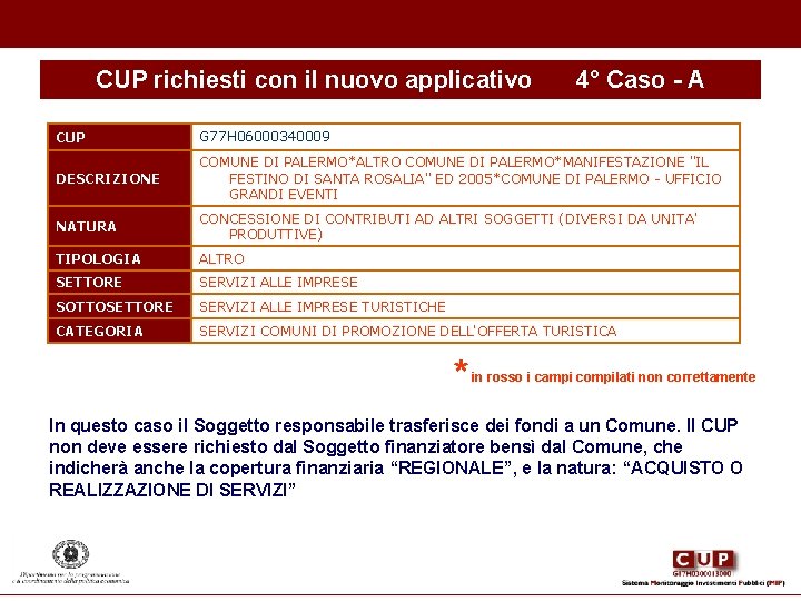 CUP richiesti con il nuovo applicativo 4° Caso - A CUP G 77 H CUP richiesti con il nuovo applicativo 4° Caso - A CUP G 77 H