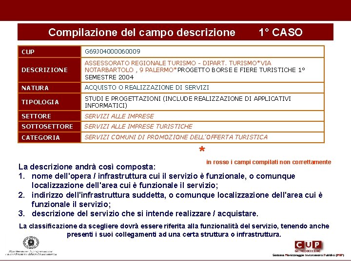 Compilazione del campo descrizione 1° CASO CUP G 69 J 04000060009 DESCRIZIONE ASSESSORATO REGIONALE Compilazione del campo descrizione 1° CASO CUP G 69 J 04000060009 DESCRIZIONE ASSESSORATO REGIONALE