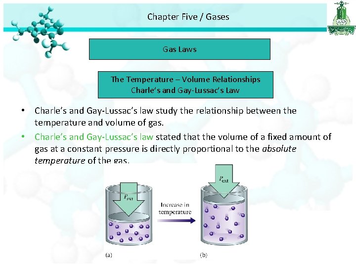 Chapter Five / Gases Gas Laws The Temperature – Volume Relationships Charle’s and Gay-Lussac’s