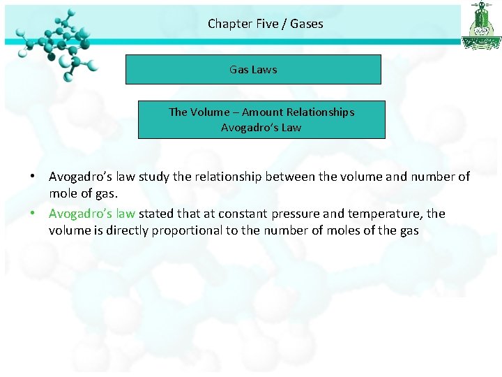 Chapter Five / Gases Gas Laws The Volume – Amount Relationships Avogadro’s Law •