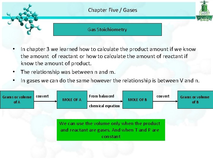 Chapter Five / Gases Gas Stoichiometry • In chapter 3 we learned how to