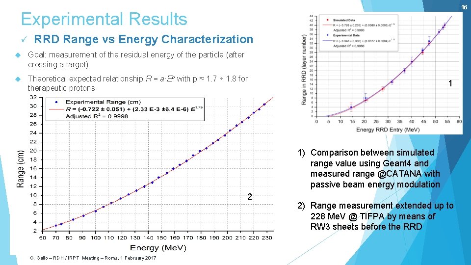 16 Experimental Results ü RRD Range vs Energy Characterization Goal: measurement of the residual